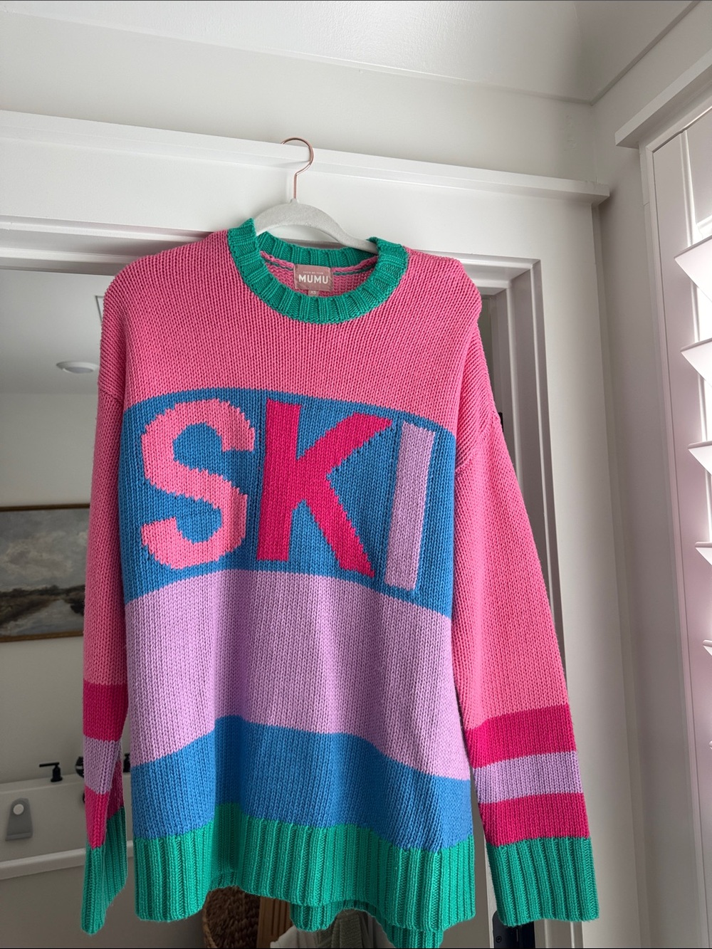Show Me Your MuMu Pink & Teal 'SKI' Colorblock Knit Sweater